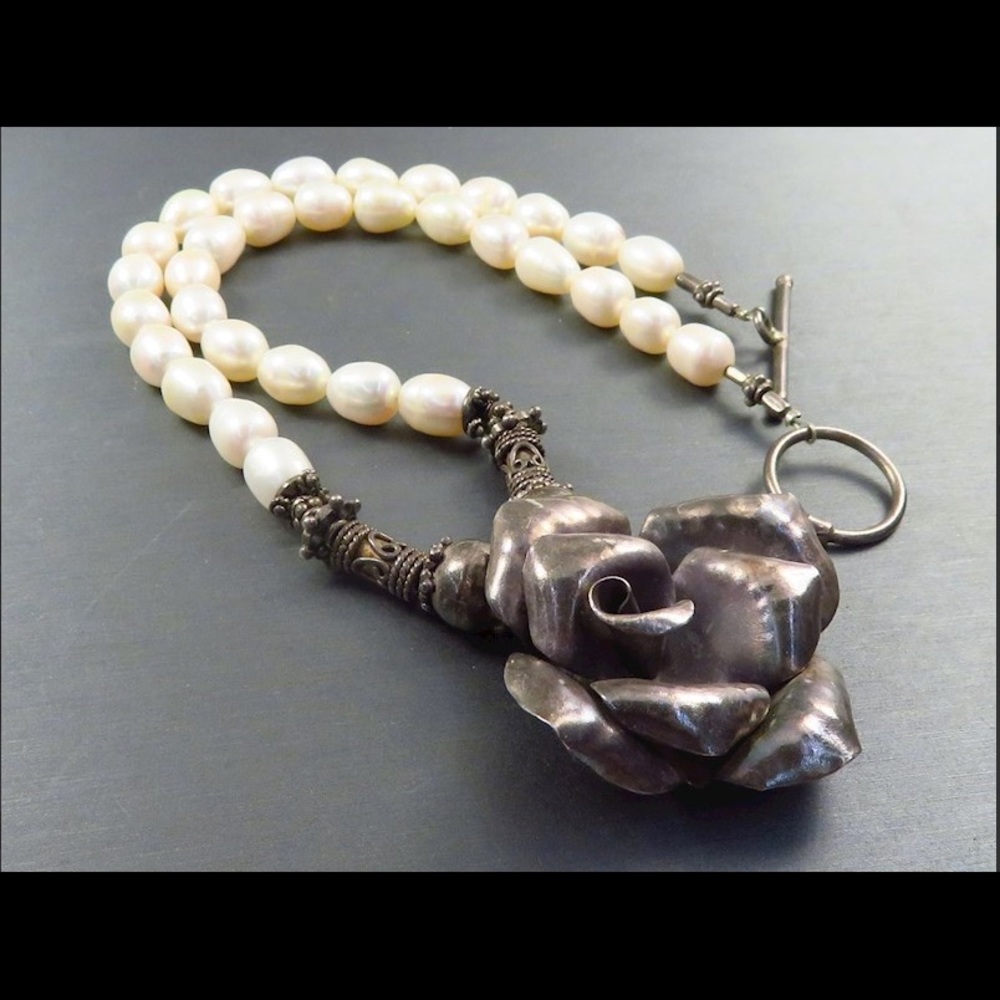 Sterling Silver Rose & Pearl Necklace